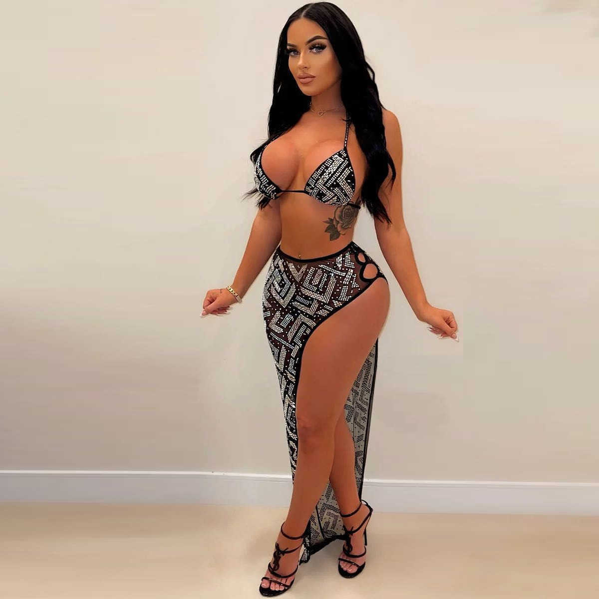 

Women's Plus Size Swimwear Zoctuo Summer Beach Rhinestone Fashion Strap Bikini Set Mesh Three Piece Outfits For Women Sexy Slim Fit Sheer Backless Dress Z0508, Black