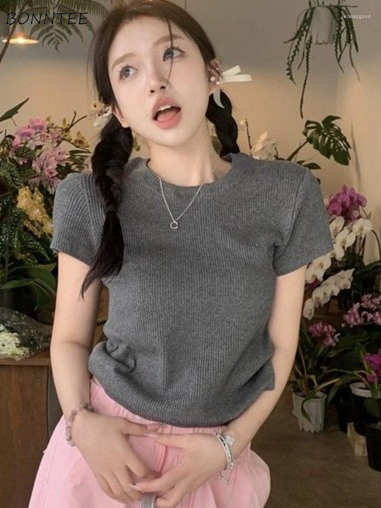 

Women' T Shirts Screw Thread T-shirts Women Vintage Summer Simple Korean Style Cool Streetwear Aesthetic Daily All-match Female Elegant, Gray