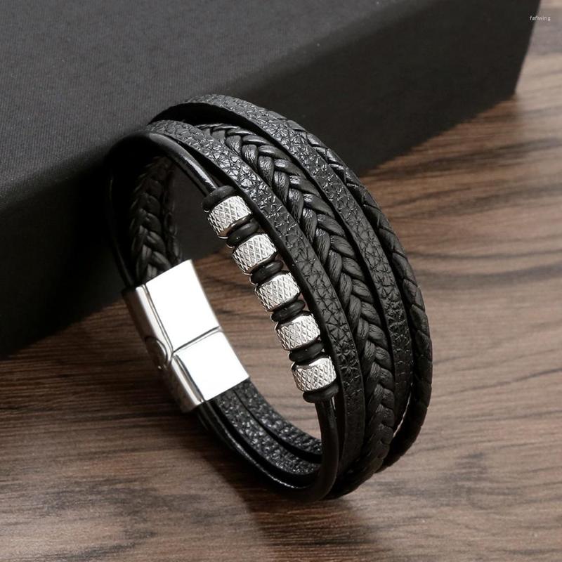 

Charm Bracelets Fashion Braided Rope Leather For Men Woven Multilayer Dermis Punk Mental Magnet Bangle Friend Jewelry Gifts