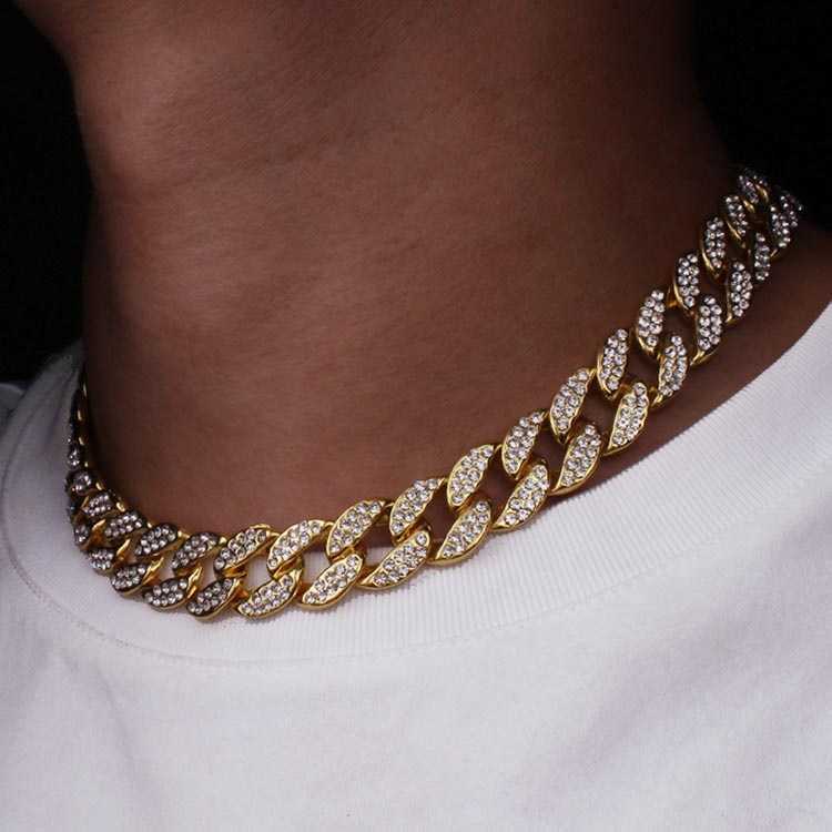 

Bling Rhinestone Golden Finish Miami Cuban Link Chain Necklace Men's Hip Hop Necklace Jewelry
