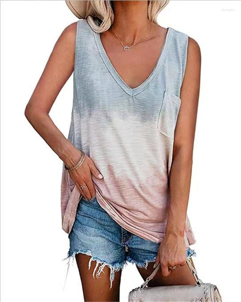 

Women's Tanks Size Up S-5XL 2023 Summer Fashion Women's Vest Tie Bye Printing Casual Wear V-neck Pocket Sleeveless T-shirt Top, Sky blue