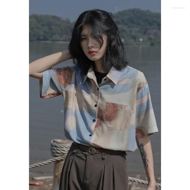 

Women' Blouses Chiffon Chic Woman Short Sleeve T-Shirt Vintage Print Casual 2023 Korean Fashion Holiday Summer Female Aesthetic, Beige