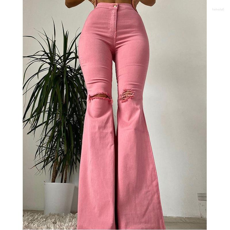 

Women's Jeans 2023 Woman Slim Fit Solid Color Bell-bottoms Classic Style Ripped High Waist Long Denim Pants Street, Pink