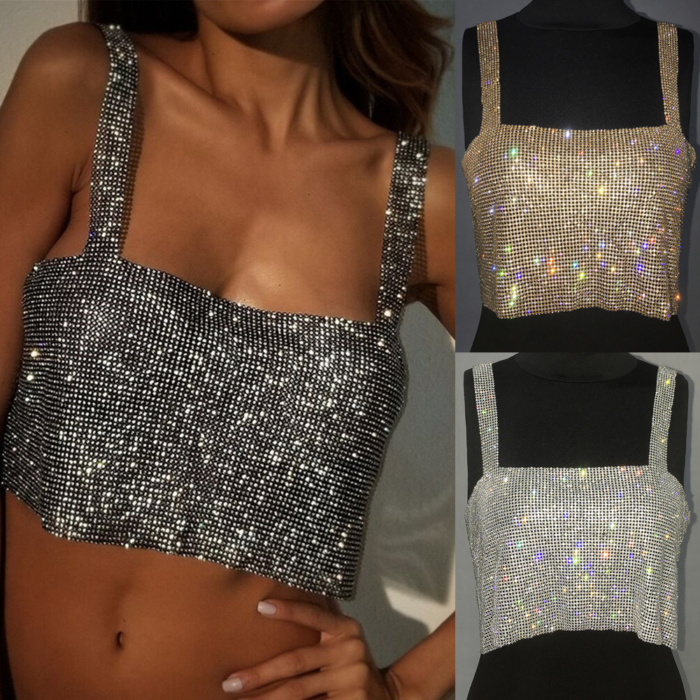 

Camisoles Tanks Summer Sexy Sequined Sleeveless Slashneck Adjustable Tank Top Lady Club Crystal Chainmail Crop Tops 230508, Gold