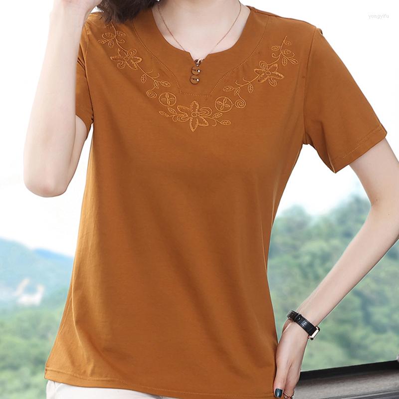 

Women's T Shirts Summer Casual V Neck Women Tshirts Female Embroidery Tee Shirt Femme Cotton T-Shirt Short Sleeve Solid Tees Korean Style, Watermelon red