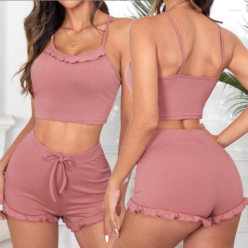 

Women' Sleepwear Sexy Ruffles Strap Top&shorts Cotton 2Pcs Pajamas Suit Women Summer Loungewear Mini Pyjamas Home Wear Causal Outfit, Green