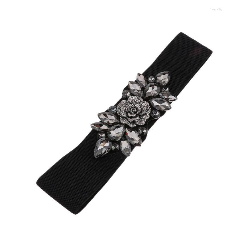 

Belts Women Elastic Flower Rhinestone Waist Belt With Metal Snap Buttons, White