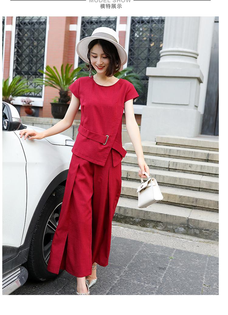 

Women's Tracksuits Two Sets Of Cotton And Linen Short-sleeved Blouse Wide Leg Trousers Thin Casual For Summer WearpearldiaryWome, Navy blue