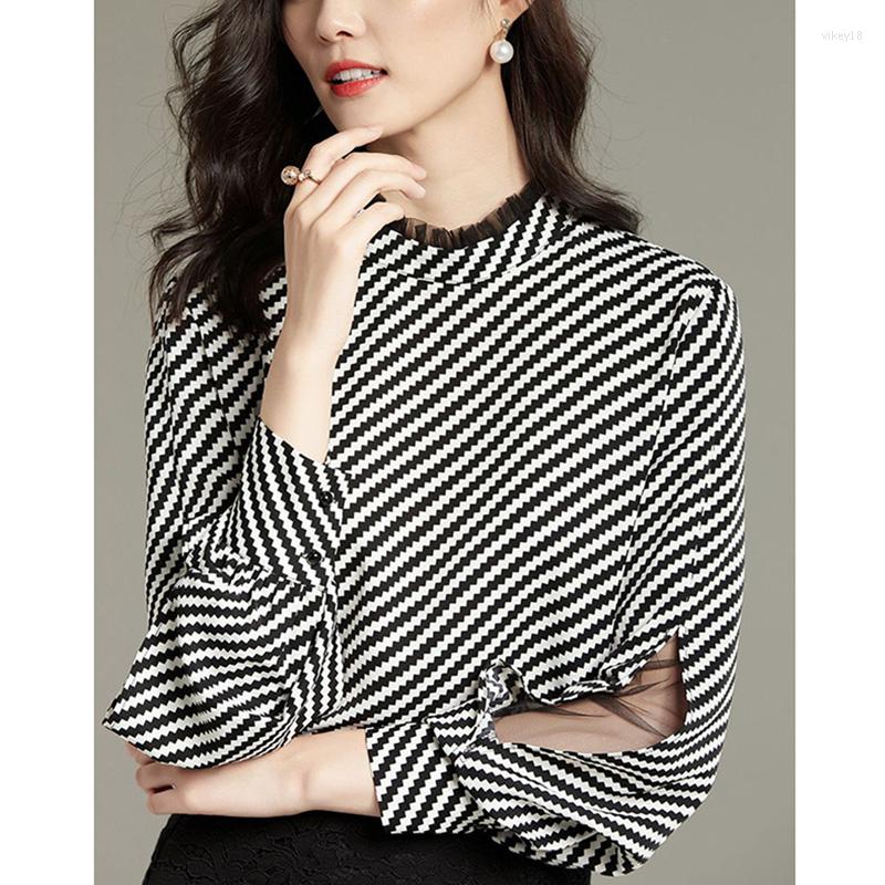 

Women's Blouses Elegant Ruffles Spliced Loose Gauze Striped Blouse Women's Clothing 2023 Spring Summer Casual Pullovers Office Lady, Black