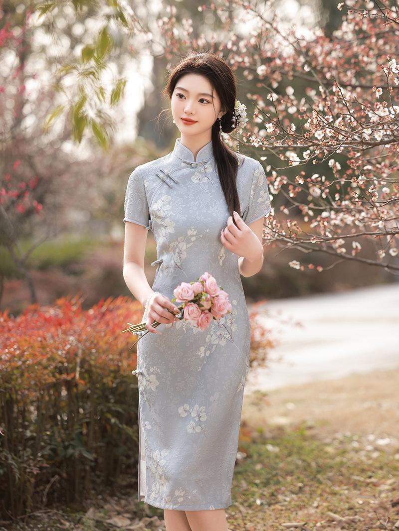 

Ethnic Clothing Chinese Style Traditional Slim Long High Split Cheongsam Dress Women Elegant Short Sleeve Qipao