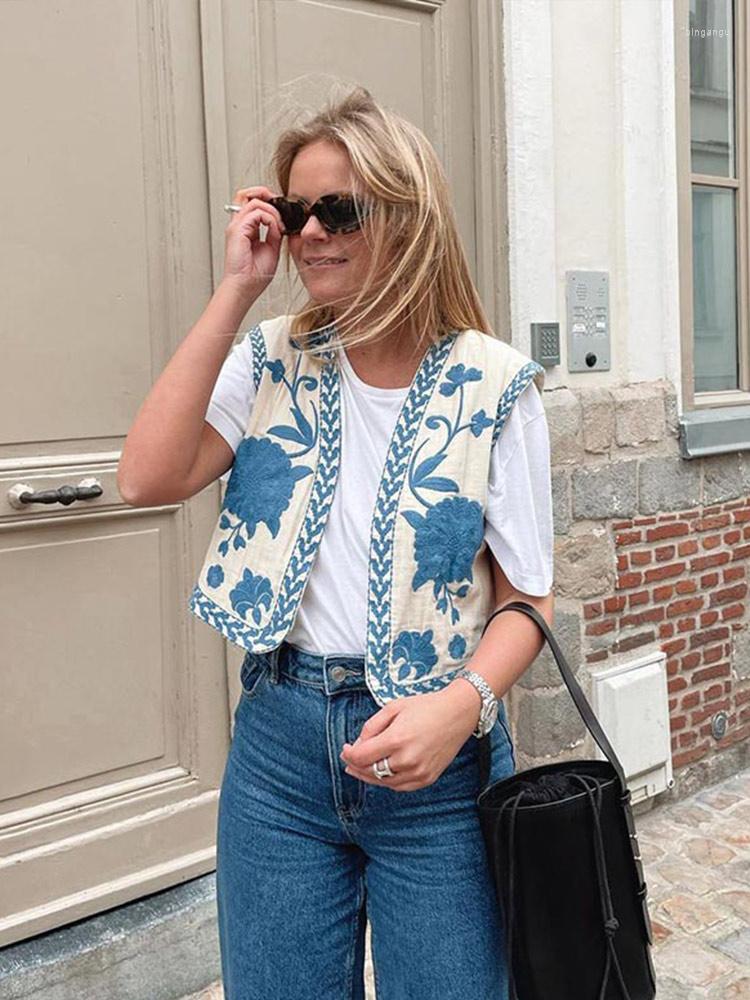 

Women's Vests Women Vintage Floral Print Embroidery Short Vest Jacket Fashion Sleeveless One Button Coat Chic Female National Style, Blue