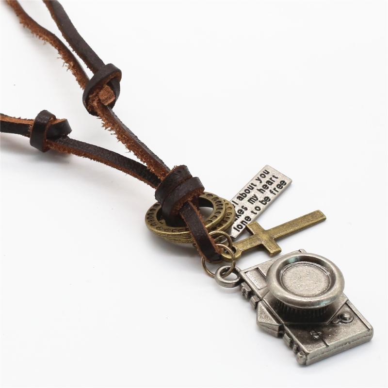 

Pendant Necklaces Sport Brown Punk Genuine Rope Chain Alloy Hoops Words Cross Cute Camera Men Leather Necklace Women Homme Male JewelryPenda