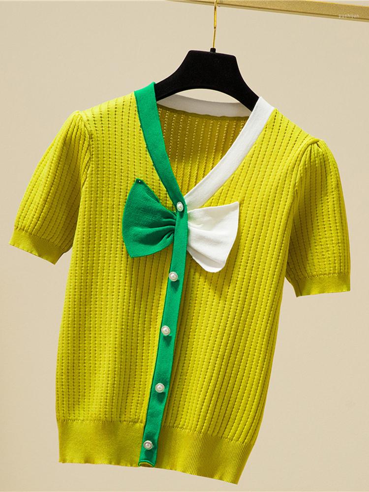 

Women's T Shirts Tee Shirt Femme Bow Knitted Women Thin Short Sleeve 2023 Summer Tops Korean Fashion Clothing Tshirt Camisetas De Mujer, Black