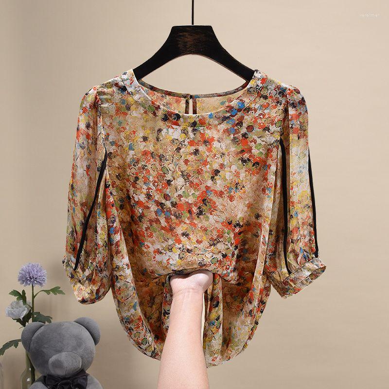 

Women's Blouses Casual Blouse Female 2023 Summer Loose Print Short Sleeve Chiffon Shirt Women O Neck Small European Top, Blue