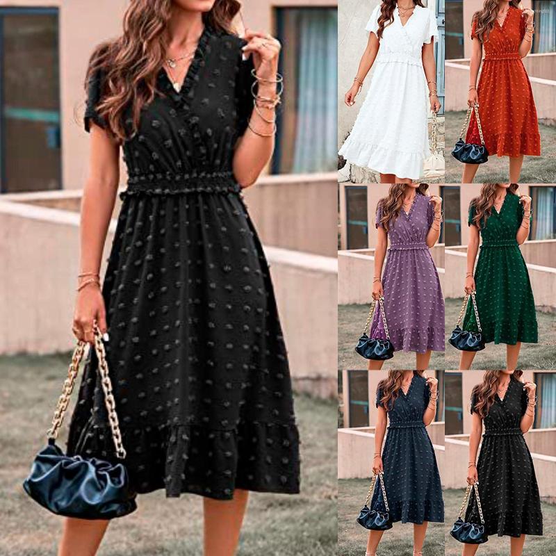 

Casual Dresses Women Elegant Short Sleeve V Neck Dot Midi Summer 1700' For Teens Long, Black