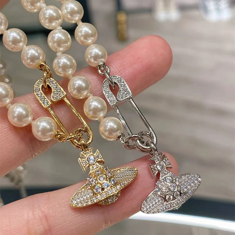 

Designer saturn pearl necklace brand choker chain 40cm with logo Official Size 925 silver pinzircon Pendants women necklace Never Fade