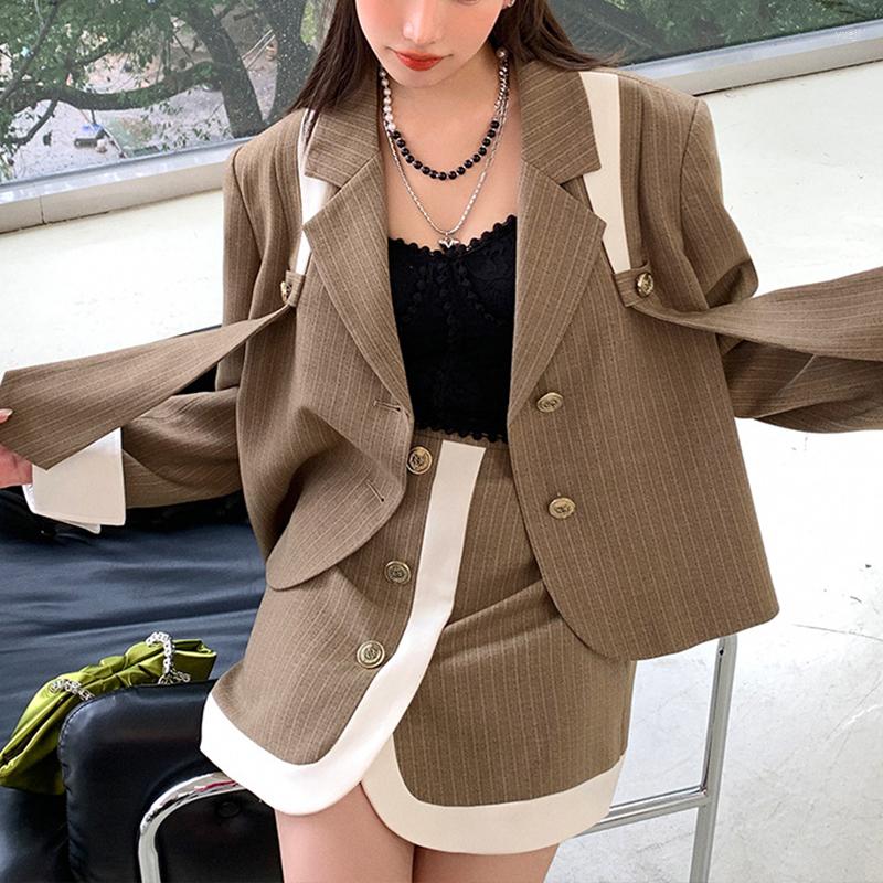 

Two Piece Dress High Quality Female Elegant Skirt Suits 2023 Spring Autumn Set Women Outfits Blazer Coats Crop Top Mini, Deep khaki