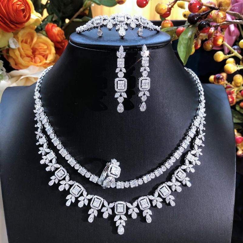 

Necklace Earrings Set Siscathy Gorgeous Custom Classic Luxury Full Micro Zircon Wedding Celebration Jewelry For Women Bride Engagement, Picture shown