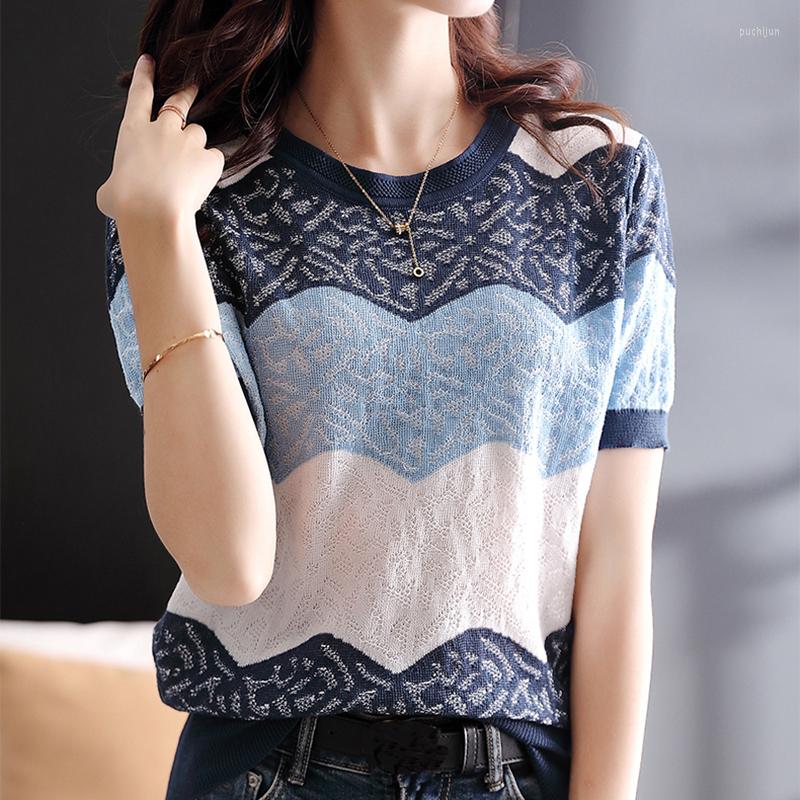 

Women's T Shirts Hollow Out Striped Knitted Top Thin Shirt Women 2023 Summer Short Sleeve Tshirt Womens Clothing Tee Camisetas De Mujer, Photo color