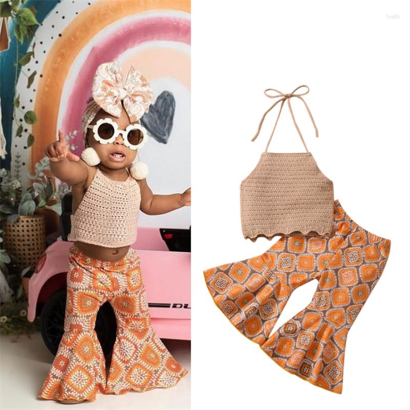 

Clothing Sets Girl Summer Clothes 2Pcs Outfits Toddler Baby Girls Knit Sleeveless Camisole Flare Pants Fashion Children Outfit, Khaki