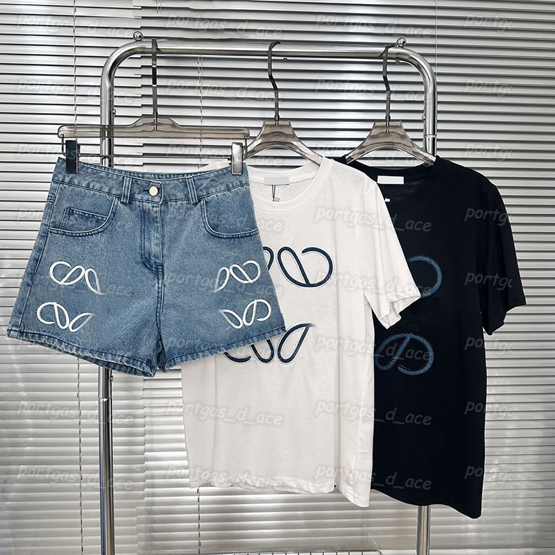 

Embroidered Women T Shirts Letter Short Sleeve Summer Tops Cool Sexy Mini Denim Shorts, White tops with label(no shorts)