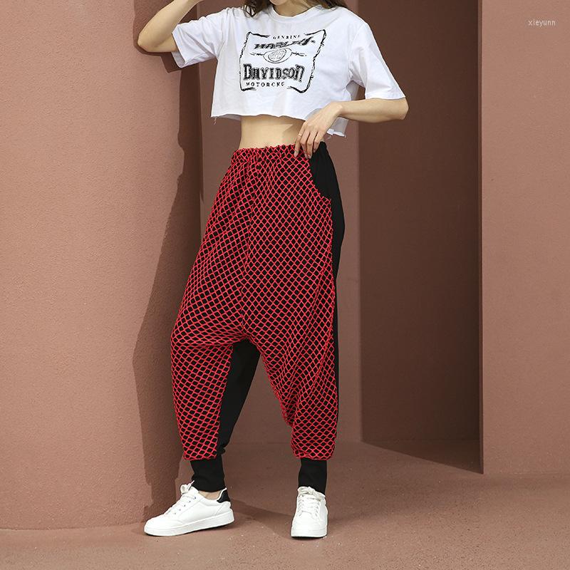 

Women's Pants Red Mesh Stitching Black Harem Sweatpants Women Baggy Elastic Waist Cross-Pants Cotton Lantern Wide Leg Joggers Trousers