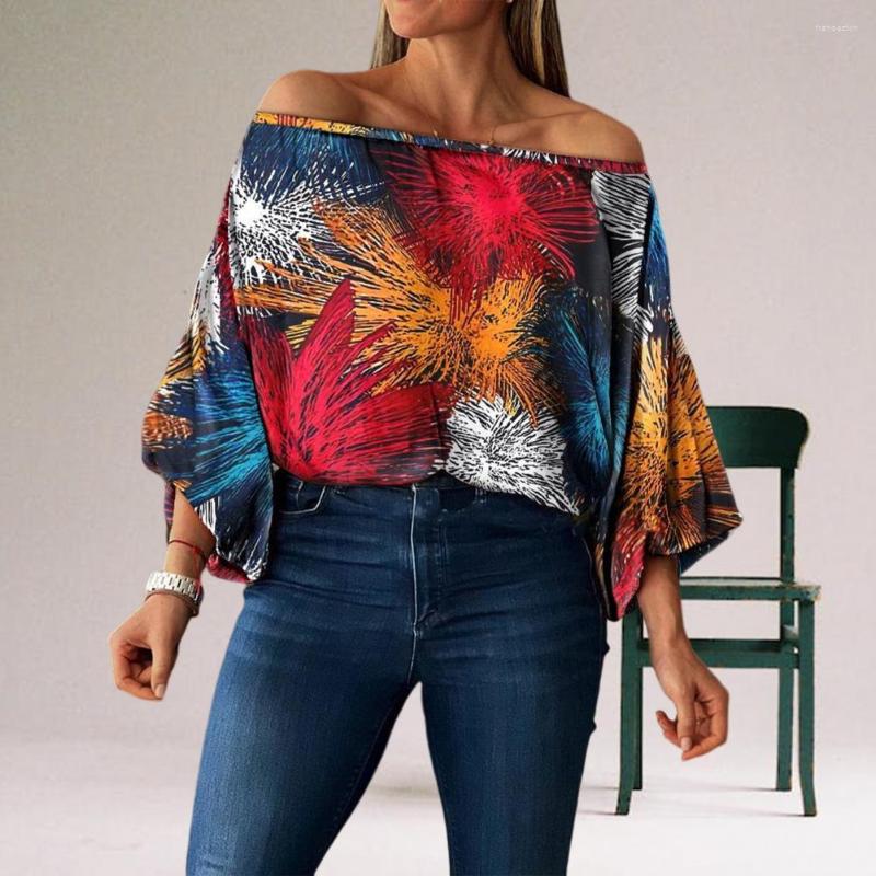 

Women's Blouses Women Summer Top Printing Off Shoulder Lantern Sleeve Lady Blouse Loose Batwing Pullover Female Clothes, Blue