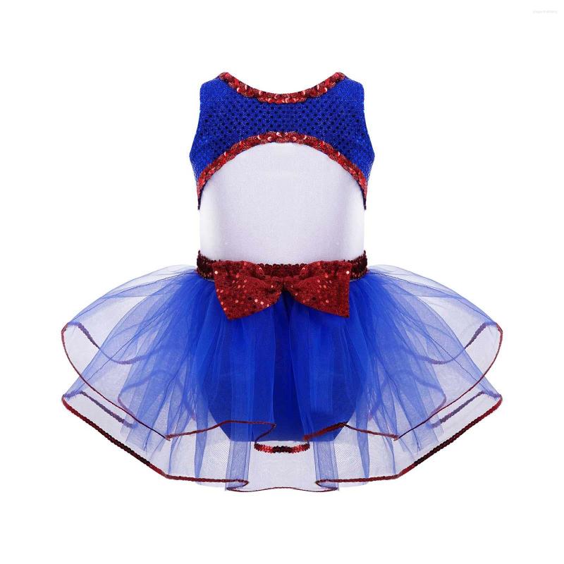 

Girl Dresses Kids Girls Navy Costume Sleeveless Shiny Sequins Bow Mesh Ballet Jazz Leotard Tutu Dress For Cosplay Up Performance, Blue