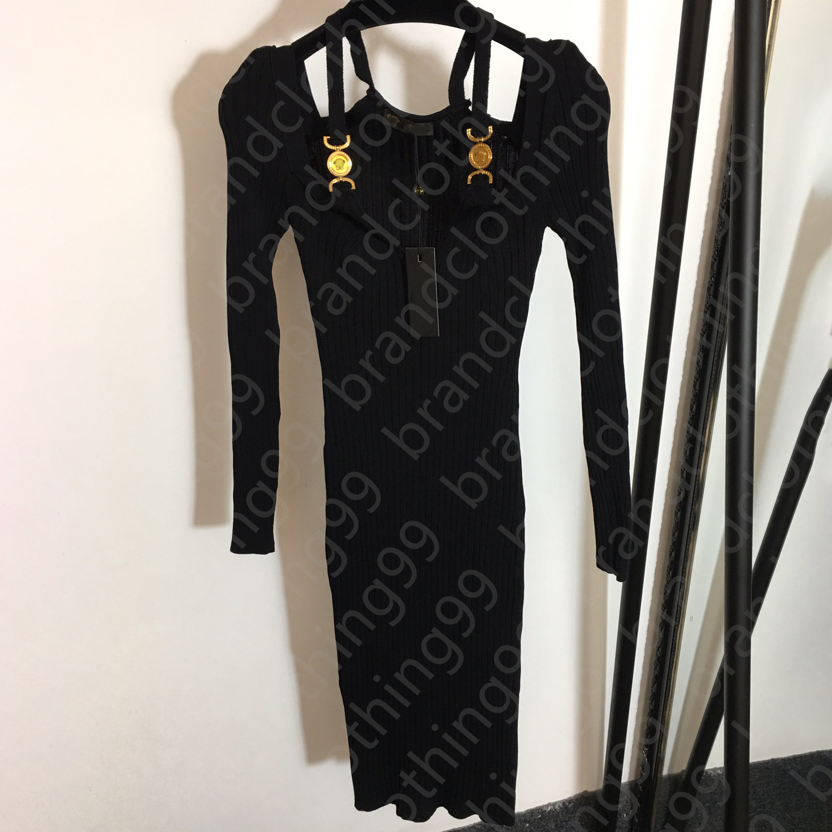 

Fashion Dresses Women V Letter Sexy Shoulder Buckle Of Metal Party Dress Office Lady Autumn Long Sleeve Slim Dress, Black