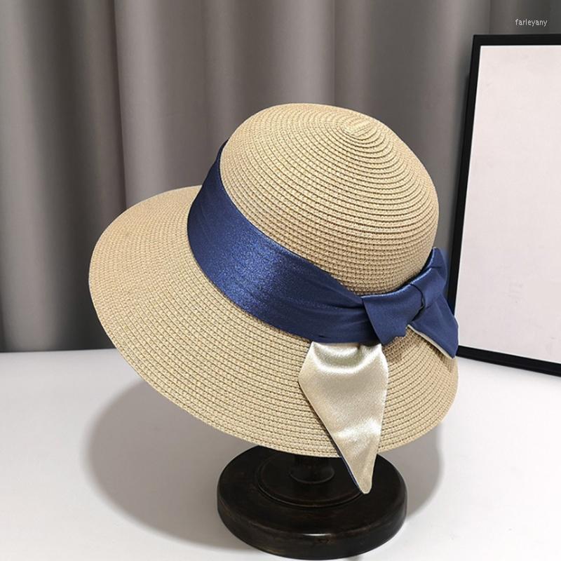 

Wide Brim Hats Elegant Bow Sun Hat Cap Summer For Women Beach Panama Straw Dome Anti-UV Bucket Breathable Visor Bonnet, White