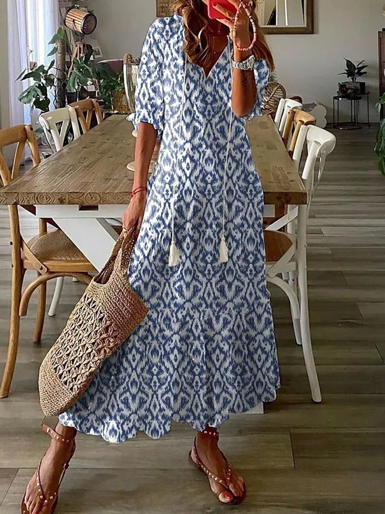 

Casual Dresses Summer Fashion Floral Print Holiday Long Dress Casual Loose Drawstring Half Sleeve Dress Women V Neck Chic Ruffled Boho Dresses 230509, 07 camel
