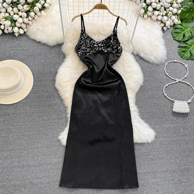 

Casual Dresses Black Sexy Party Slip Dress For Women 2023 Summer Elegant Chic Sequin V-neck Sleeveless Slim A-line Suspender
