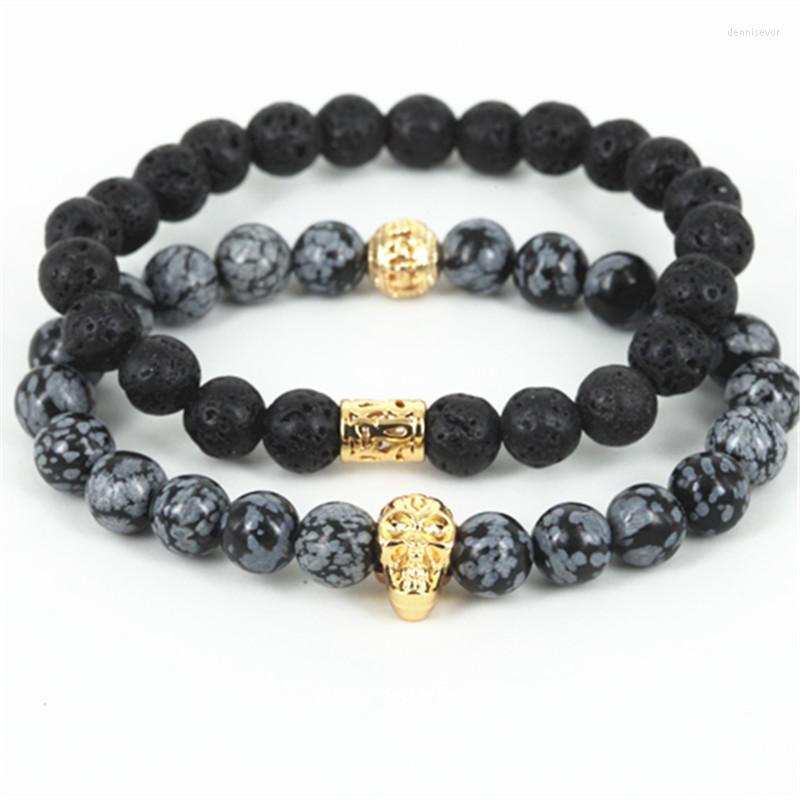

Strand 2pcs High Quality Natural Snowflak/lava Volcanic Stone Beads Men Bracelet Beaded Gold-color Charm Women