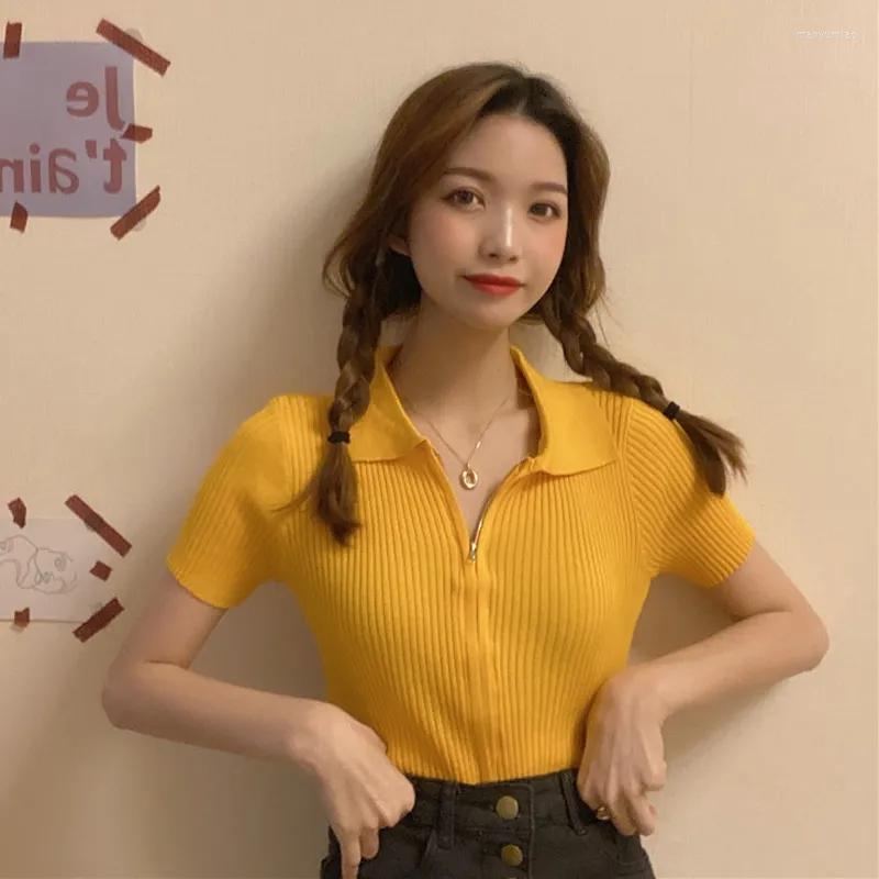 

Women's T Shirts Sweet Ice Silk Ribbed POLO Short Sleeve T-Shirt Chic Zippers Women Clothing Yellow Slim Urbane Casual Design Aesthetic, Black