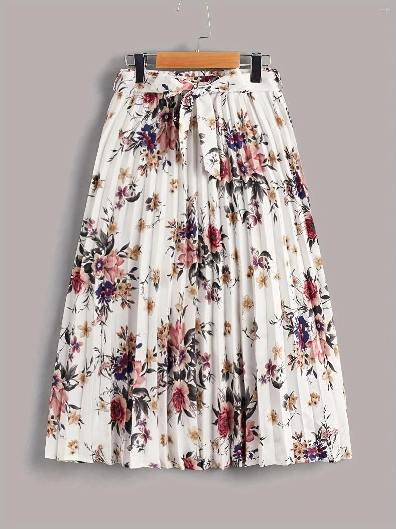 

Skirts Vintage Floral Print Elegant Pleated Tie Waist Daily Women's Clothing, White