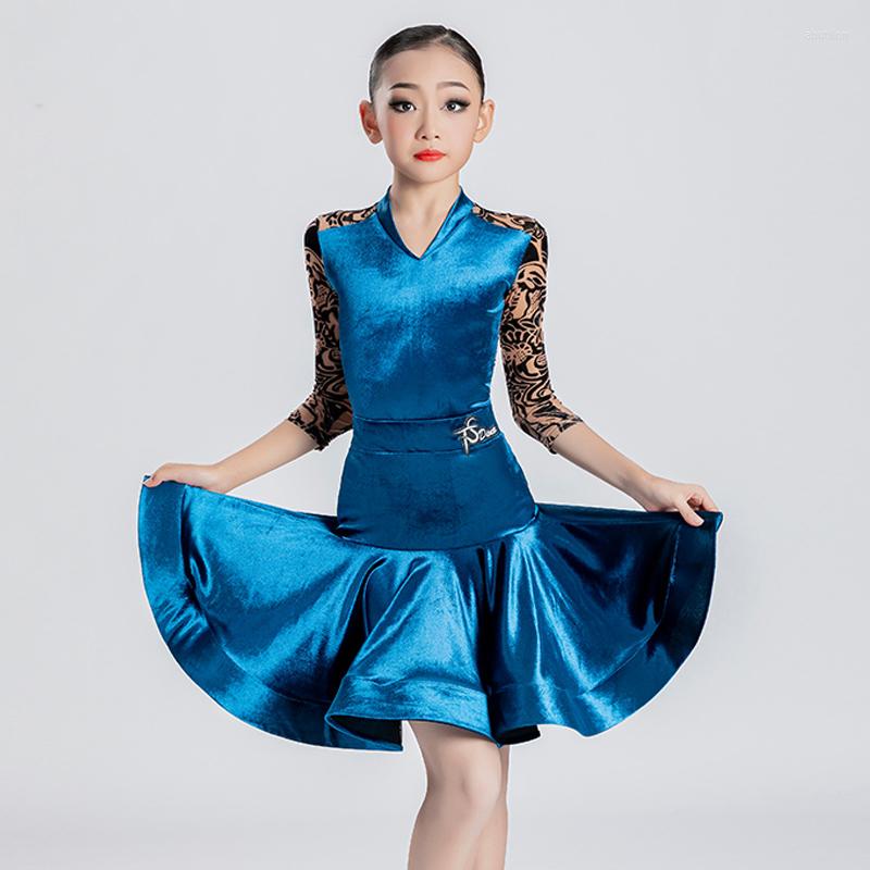 

Stage Wear Children'S Latin Dance Clothes Girls Split Dress Velvet Top Skirts Kids Ballroom Competition Dresses Practice SL5943, Picture shown