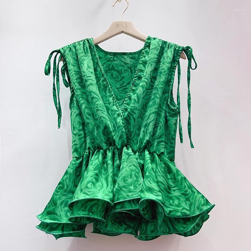 

Women's Blouses Summer Vintage Printed Lace-Up Bow Ruffles Vest Shirt Women's Sexy V-Neck Sleeveless Tank Elastic Waist Chiffon Tops, Green
