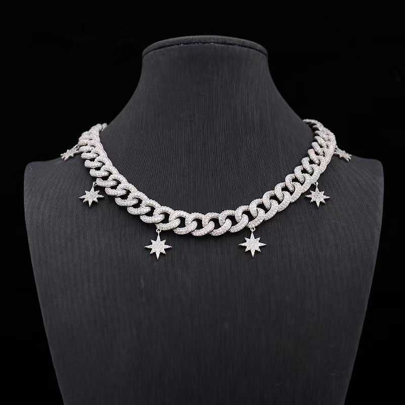

Vintage Thick Cuban Chain Star Tassel Gold 14mm Width Moissanite Bling Tennis Choker Necklace Jewelry Women