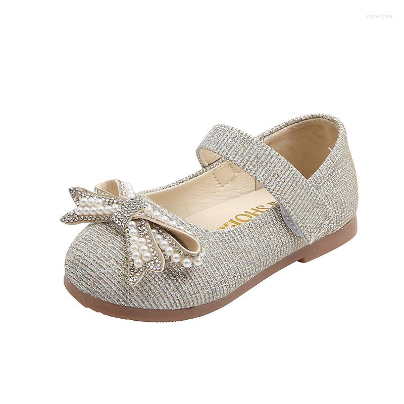 

Flat Shoes Children's Princess 2023 Spring Children Girls Leather Soft Sole Sequined Bow Little Toddler 21-30, Gold