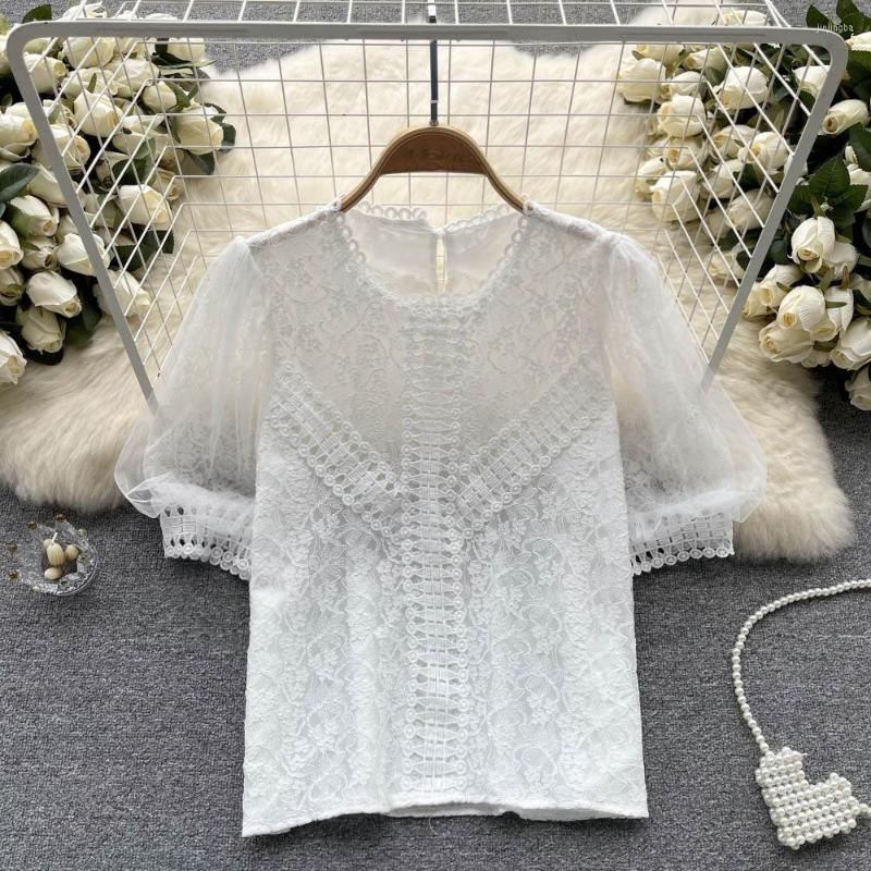 

Women's T Shirts Summer Bubble Short-sleeved Lace Blouse Trend Super Fairy Chiffon Stylish Shirt, Black