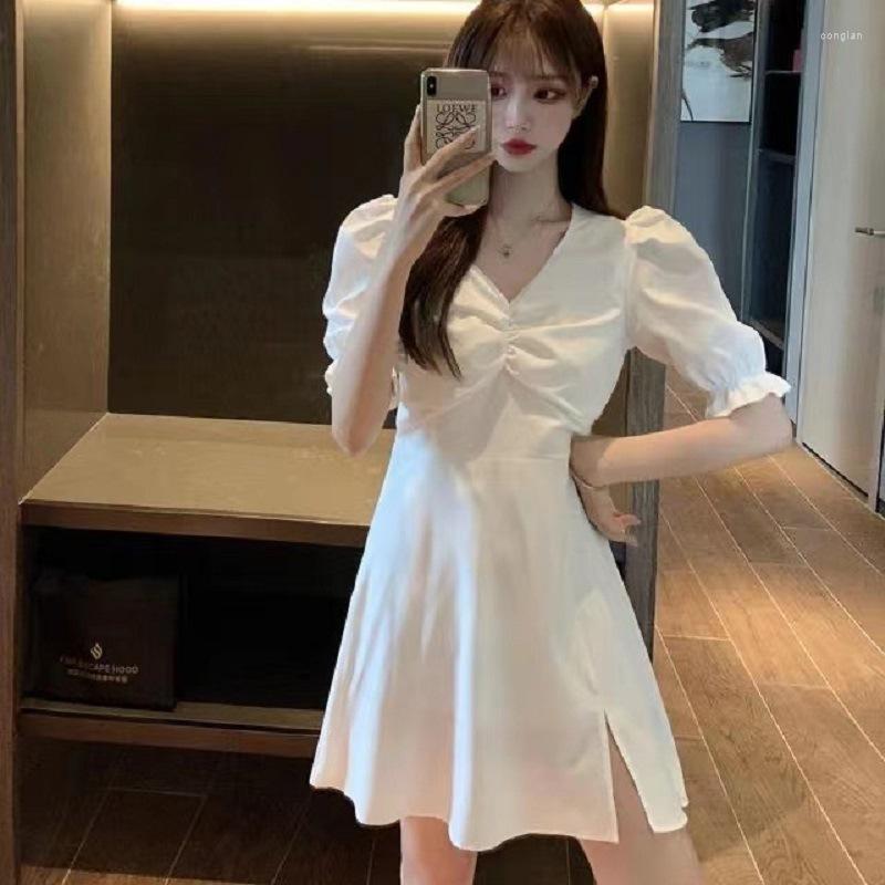 

Casual Dresses Summer French Vintage Hepburn V-neck Looks Thin Waist Tight Beware Of Machine Sexy Split Dress Children, Black