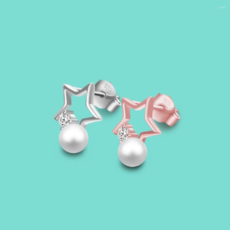 

Stud Earrings Star 925 Silver Women's Minimalist Jewelry Freshwater Pearl Inlaid Rose Gold With GiftBox