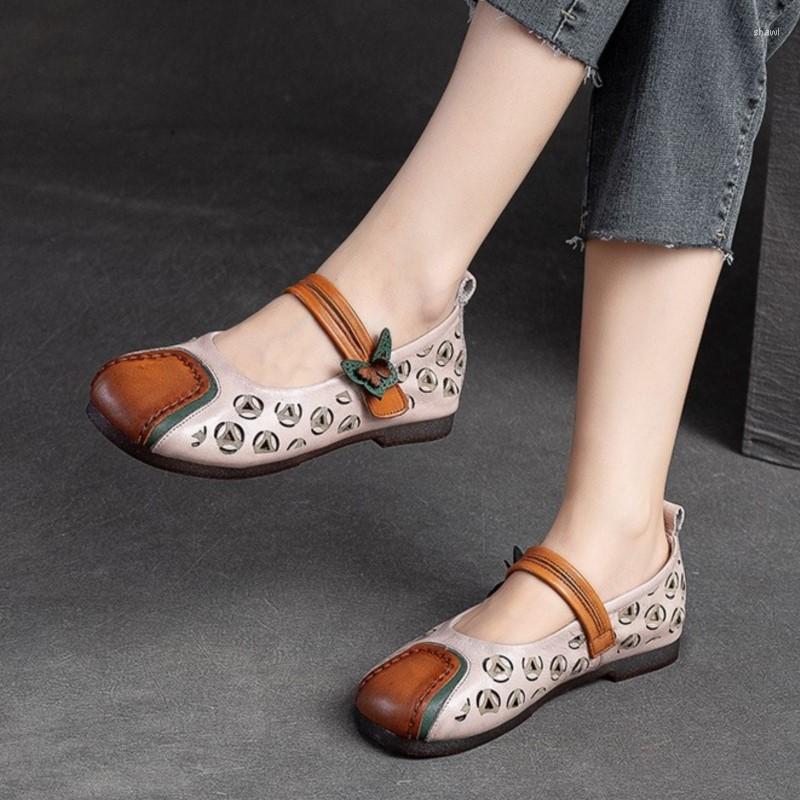 

Sandals Johnature 2023 Summer Hollow Out Flat Genuine Leather Round Toe Retro Mixed Colors Soft Sole Shallow Women Shoes, Khaki