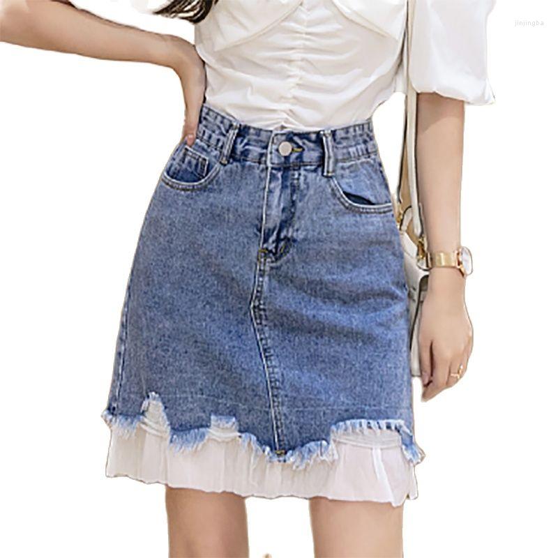 

Skirts Hole Lace Patchwork Woman Casual Button Denim Skirt Fashion Short Mini A-Line Womens Summer Clothing Jupe En Jean, Photo color