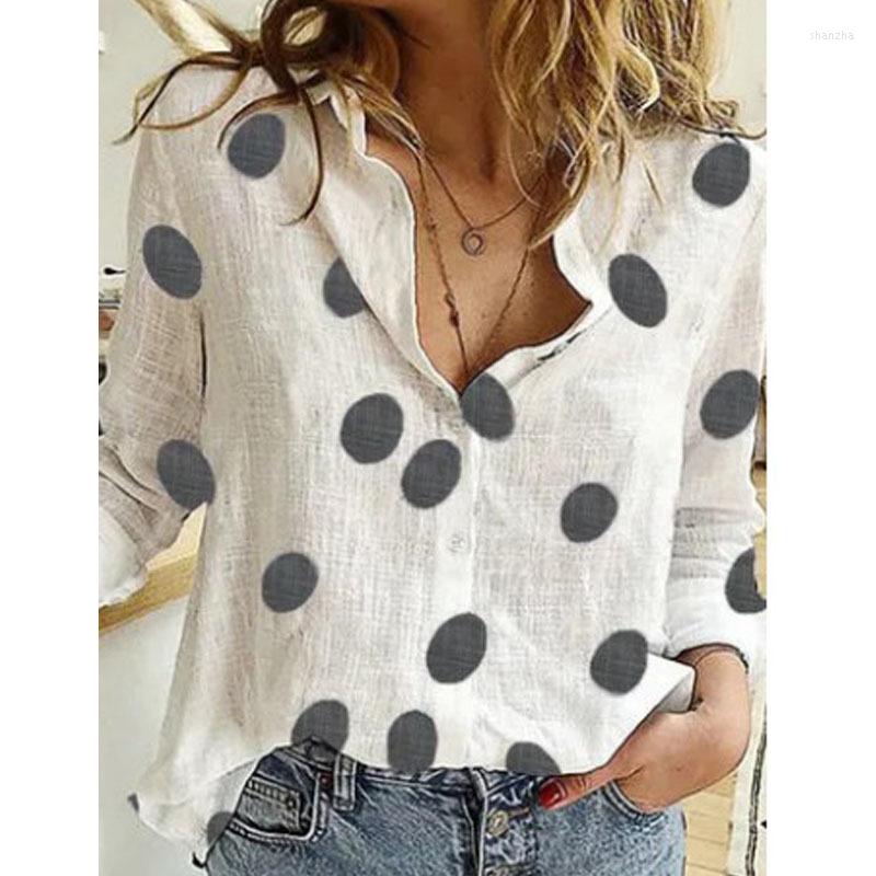 

Women's T Shirts Polka Dot Printed Shirt Cotton Linen Long-sleeved Lapel Blouse Loose Casual Printing Cardigan 2023 Spring Women's Top, Star white