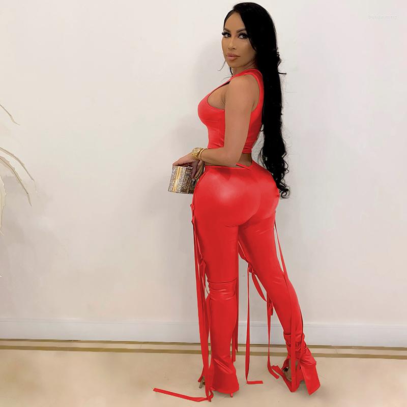 

Women' Two Piece Pants Women' 2023 Fashion Sexy Tank Top Strap Suit Faux Leather Solid Polyester Street Style Pant Suits, Black