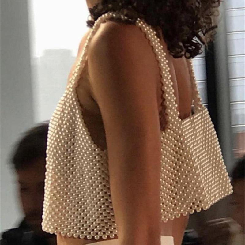 

Women's Tanks Women Ladies Festival Pearl Crop Tops Metal Body Chain Sexy Club Party Summer Beach Sling Bra Top Vest, White