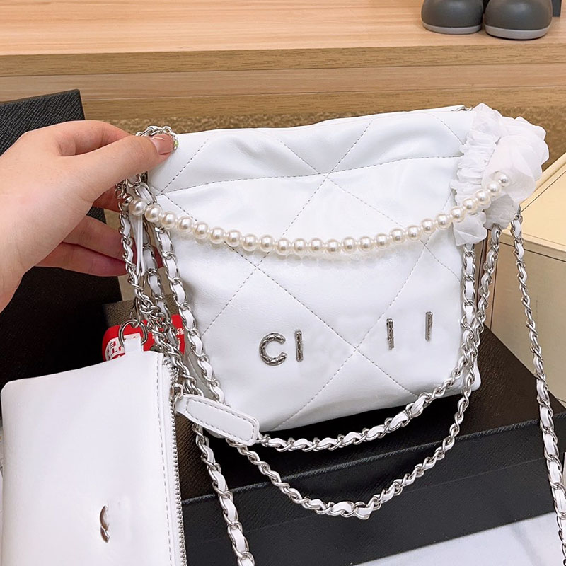 

23SS Mini Shopping Bag Women Designer Tote Oil Wax Leather Pearl Matelasse Chain with Coins Charm Gold/Silver Metal Hardware Coin Purse Shoulder Handbag Sacoche 20cm, Box