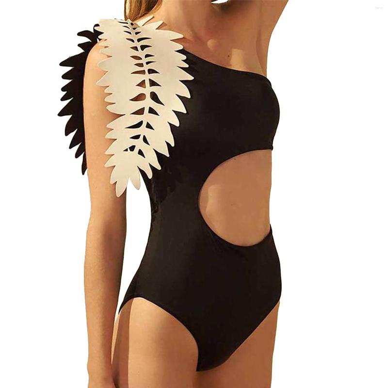 

Women' Swimwear Women' Sexy One Shoulder Leaves Solid Color Slimming Swimsuit, Black