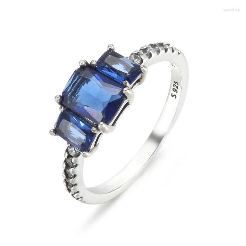 

Cluster Rings 925 Sterling Silver Blue Rectangular Three Stone Sparkling For Women Wedding Finger Ring Original Jewelry Bague Femme